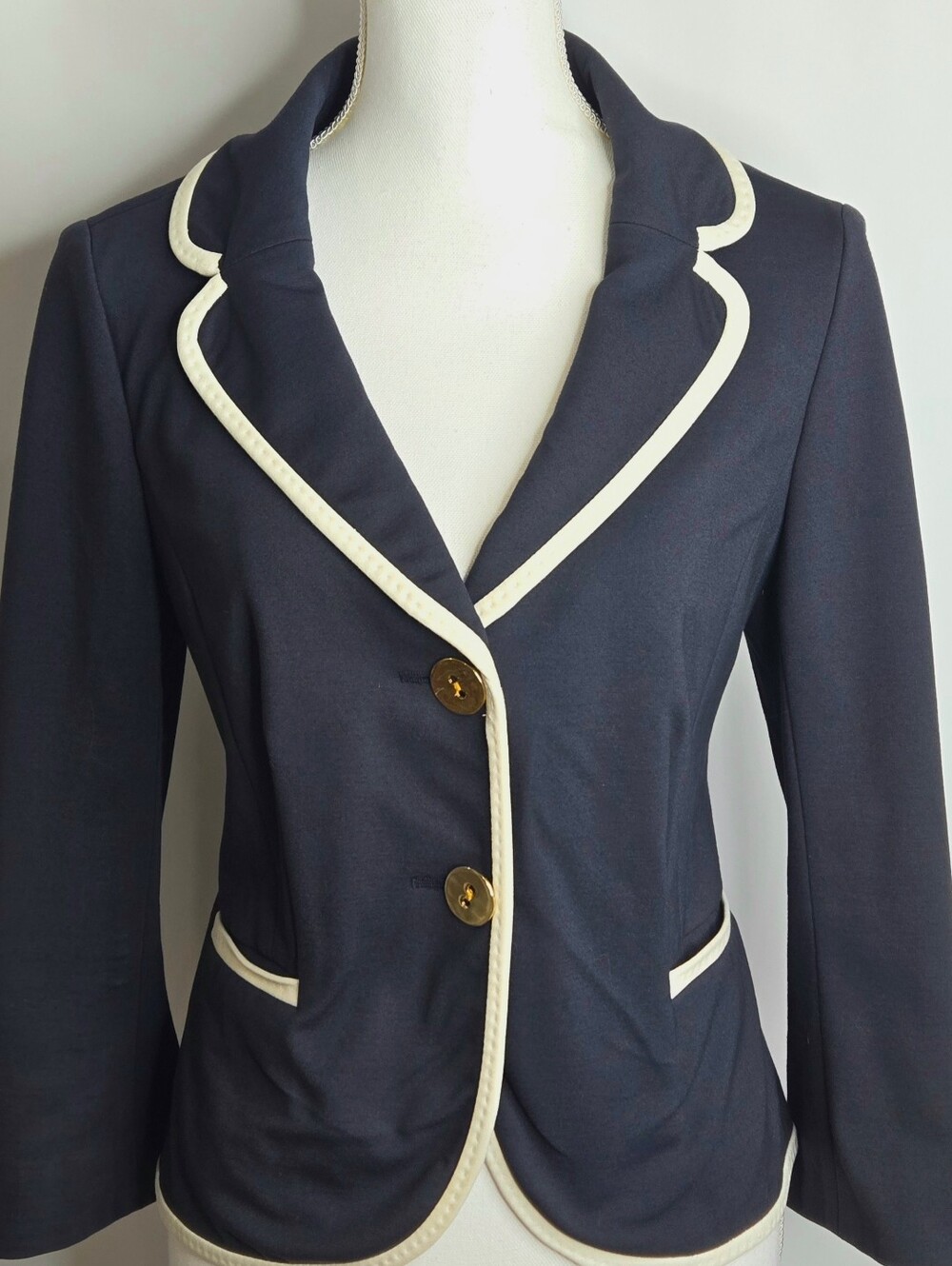 Ann Taylor Navy Blue Ivory Trim Knit Blazer Nautical Preppy Career NWOT Size 8